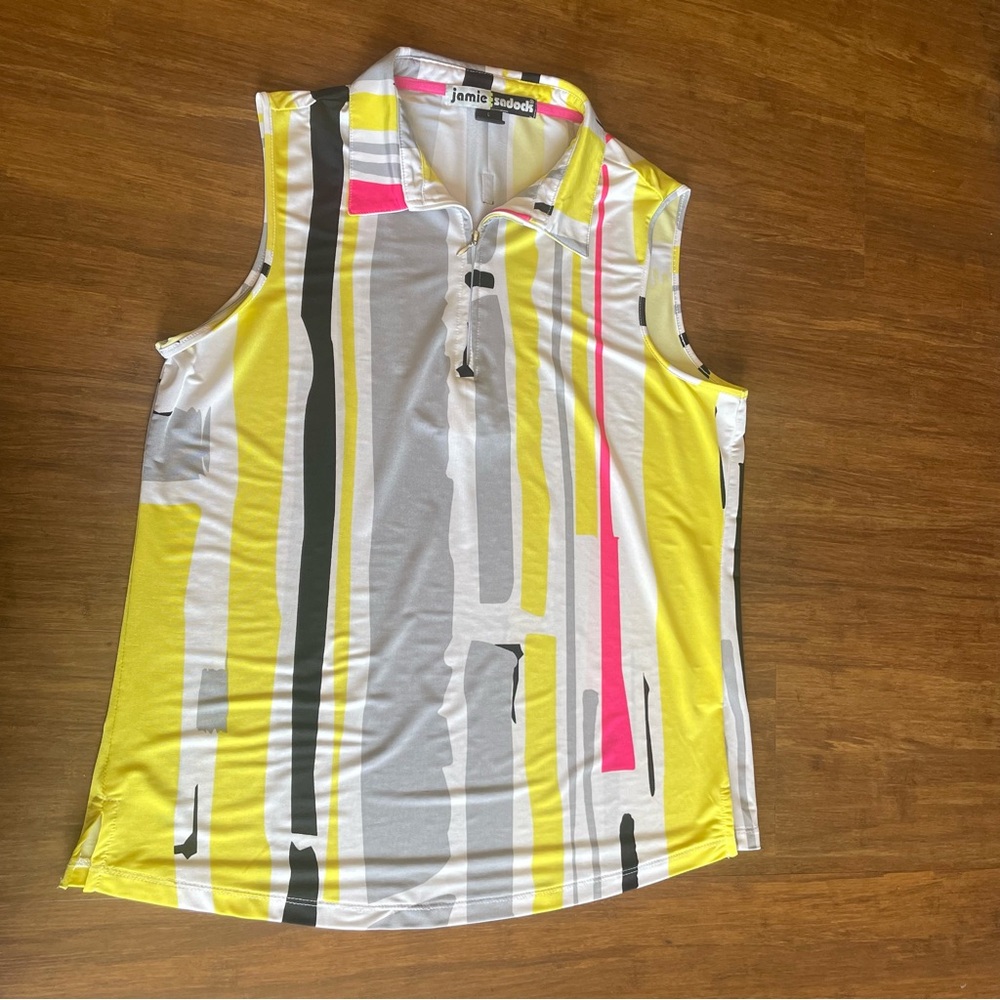 Jamie Sadock Top Womens Large Tank Sleeveless 1/4 Zip Yellow Pink Gray Artistic